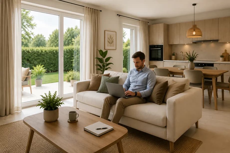 Un collaborateur travaille sur son ordinateur dans le salon d'une maison LV PROLODGES
